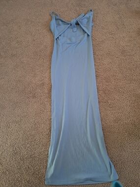 Light Blue Ribbed Maxi Dress with Front Tie